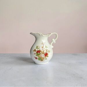Vintage Porcelain Pitcher with Strawberry Floral Motif and Gold Trim